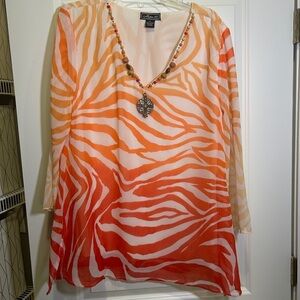 Metro Cream and White Relaxed Tunic with Embellished V-Neck